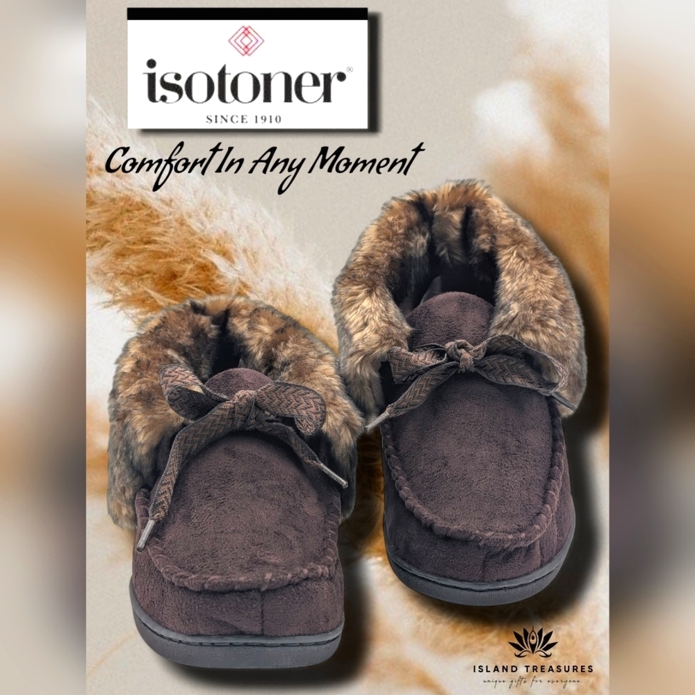 NEW Isotoner Nelly Moc Bootie Slippers Brown US 7.5-8/EU 38 Microsude Faux Fur